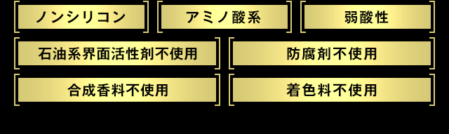 ノンシリコン｜アミノ酸系｜弱酸性｜石油系界面活性剤不使用｜防腐剤不使用｜合成香料不使用｜着色剤不使用