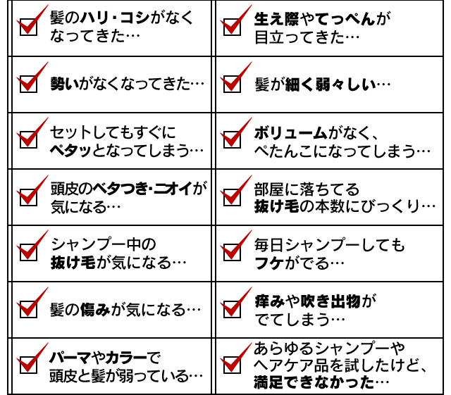 抜け毛が気になる・・・|髪のハリ・コシがなくなってきた・・・|髪のボリュームが減ってきた・・・|頭皮のベタつきが気になる・・・|頭皮のにニオイが気になる・・・|毎日シャンプーしてもフケが出る・・・|パーマやカラーで頭皮と髪が弱っている・・・|あらゆるシャンプーやヘアケア品を試したけど、満足できなかった・・・