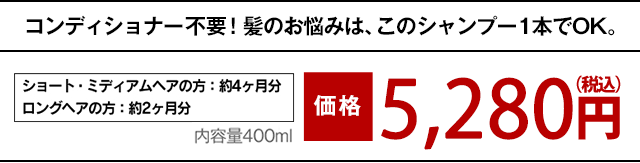 コンディショナー不要！髪のお悩みは、このシャンプー1本でOK。約2ヶ月分 400ml　通常価格 6,480円（税込）→特別価格 5,184円（税込）